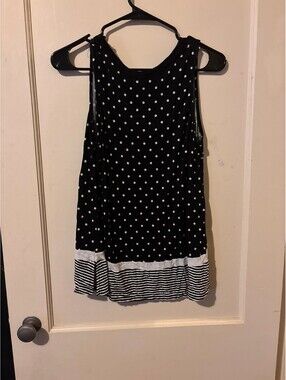 DKNY Black and White Polka Dot and Striped Sleeveless Top, Size M
